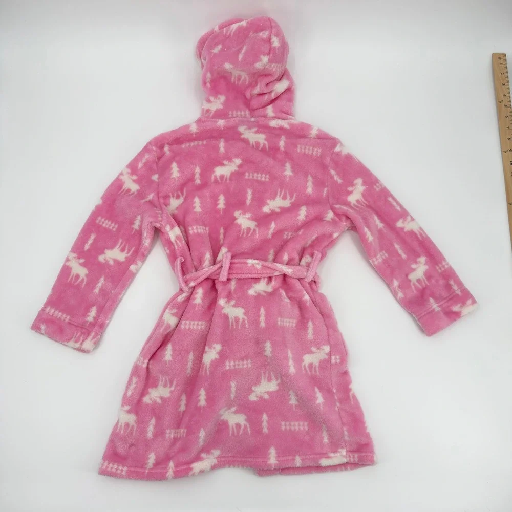 Eddie Bauer Kids Pink Moose Fleece Hooded Robe Size S 7/8 Wilderness PrintBelted